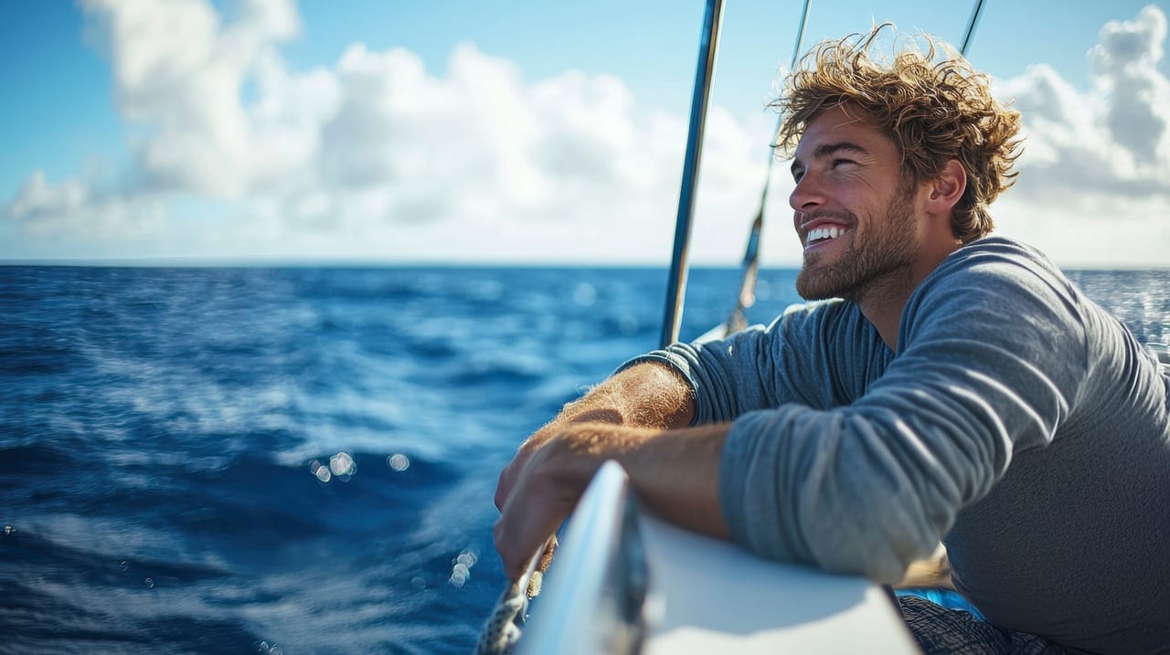 Happy boat owner enjoying freedom on the open sea